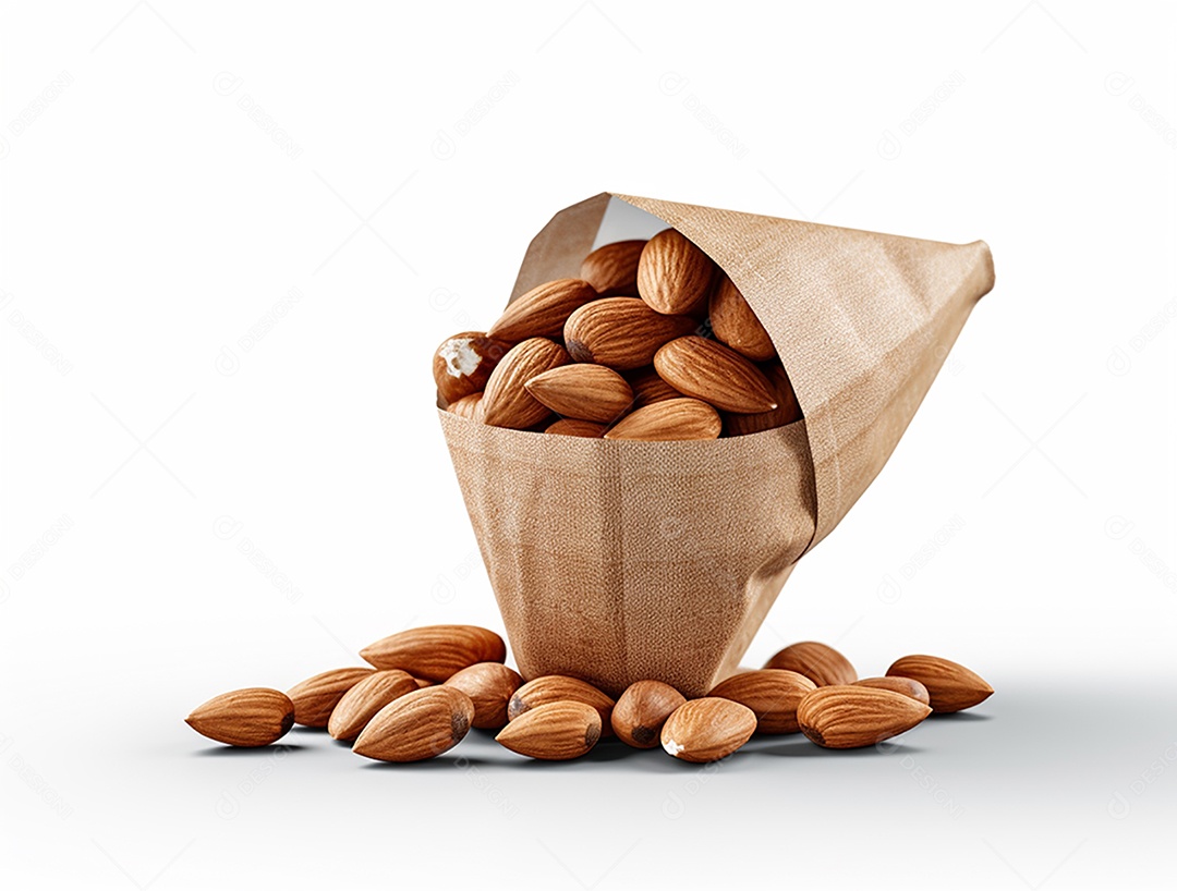 Saco com amêndoas sobre fundo branco.