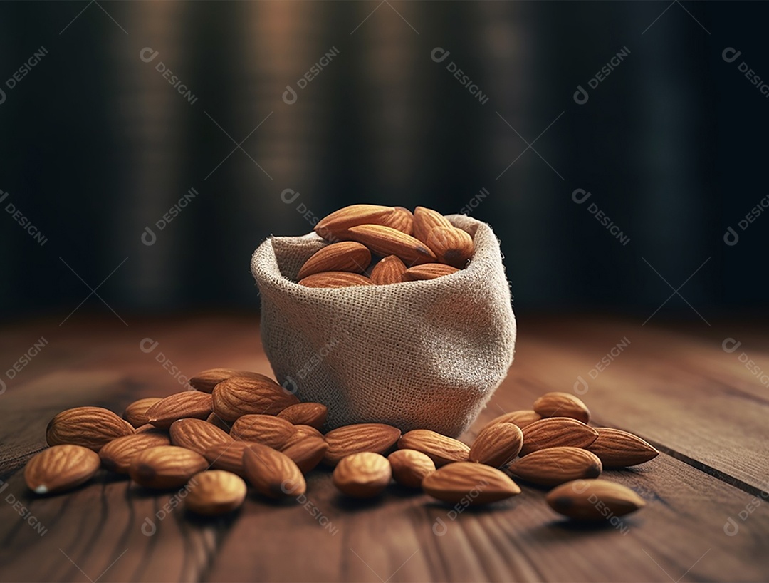 Saco com amêndoas sobre piso de madeira e fundo desfocado.