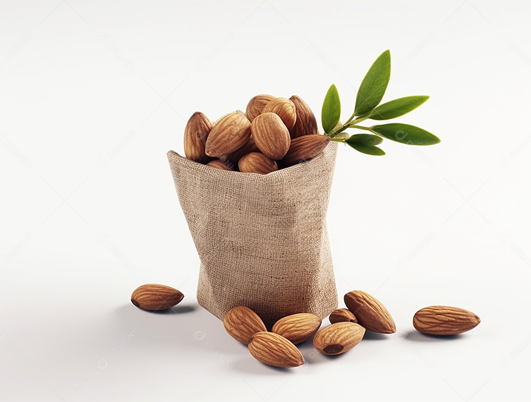 Saco com amêndoas sobre fundo desfocado.