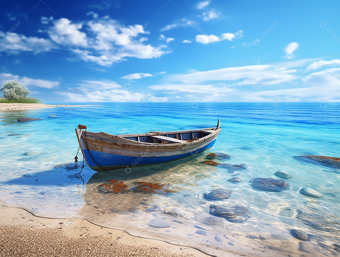 Barco de madeira em uma linda praia.