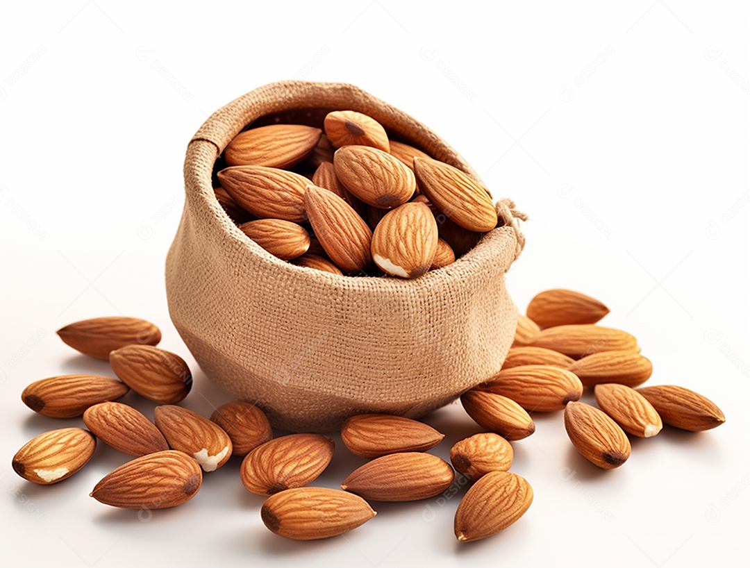 Saco com amêndoas sobre fundo branco.