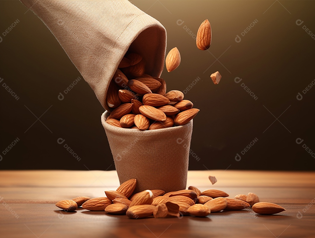 Saco com amêndoas sobre piso de madeira.