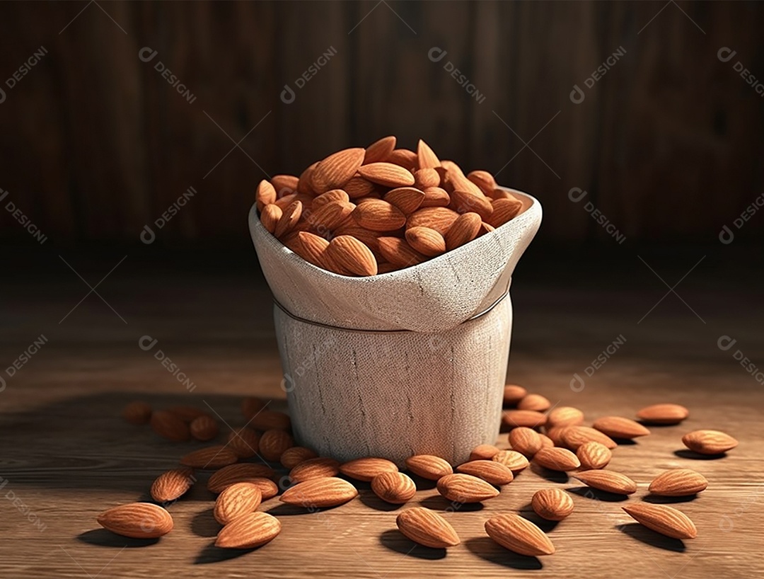 Saco com amêndoas sobre piso de madeira e fundo desfocado.