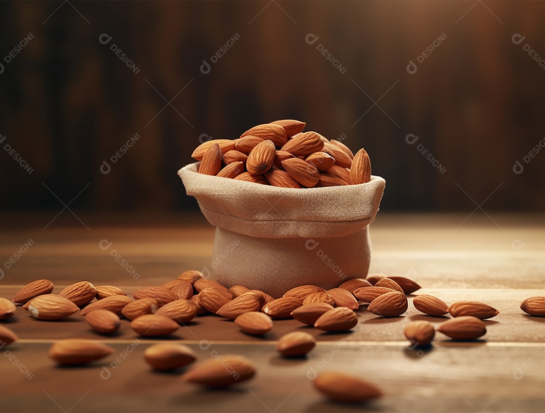 Saco de amêndoas sobre piso de madeira