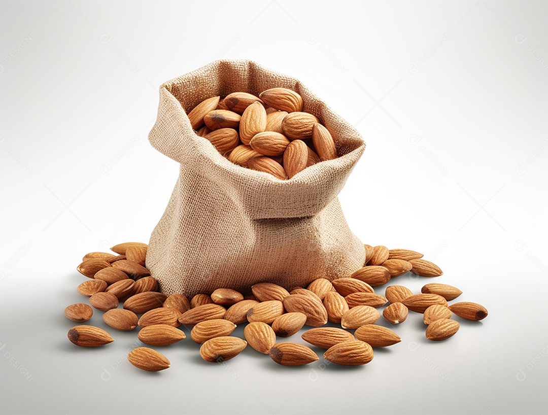 Saco com amêndoas sobre fundo branco.