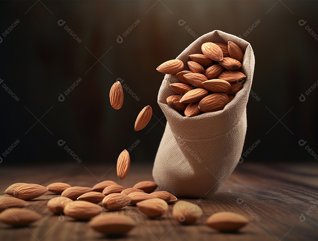 Saco com amêndoas sobre piso de madeira e fundo desfocado.