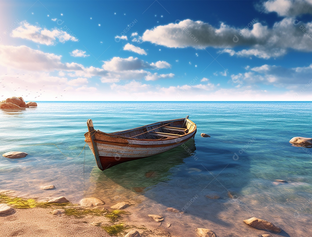 Barco de madeira em uma linda praia.