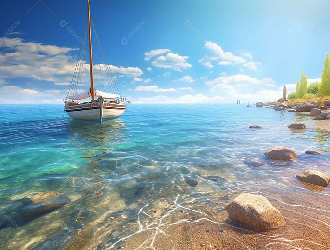 Barco de madeira em uma linda praia.