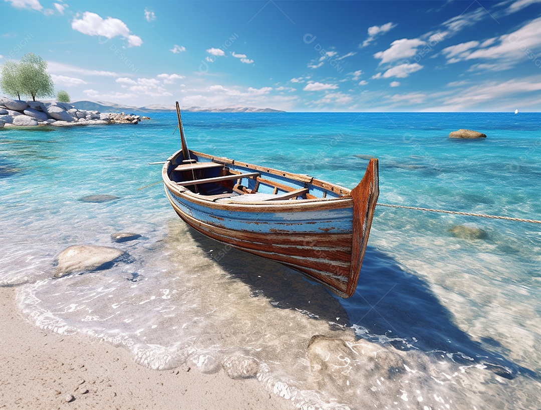 Barco de madeira em uma linda praia.