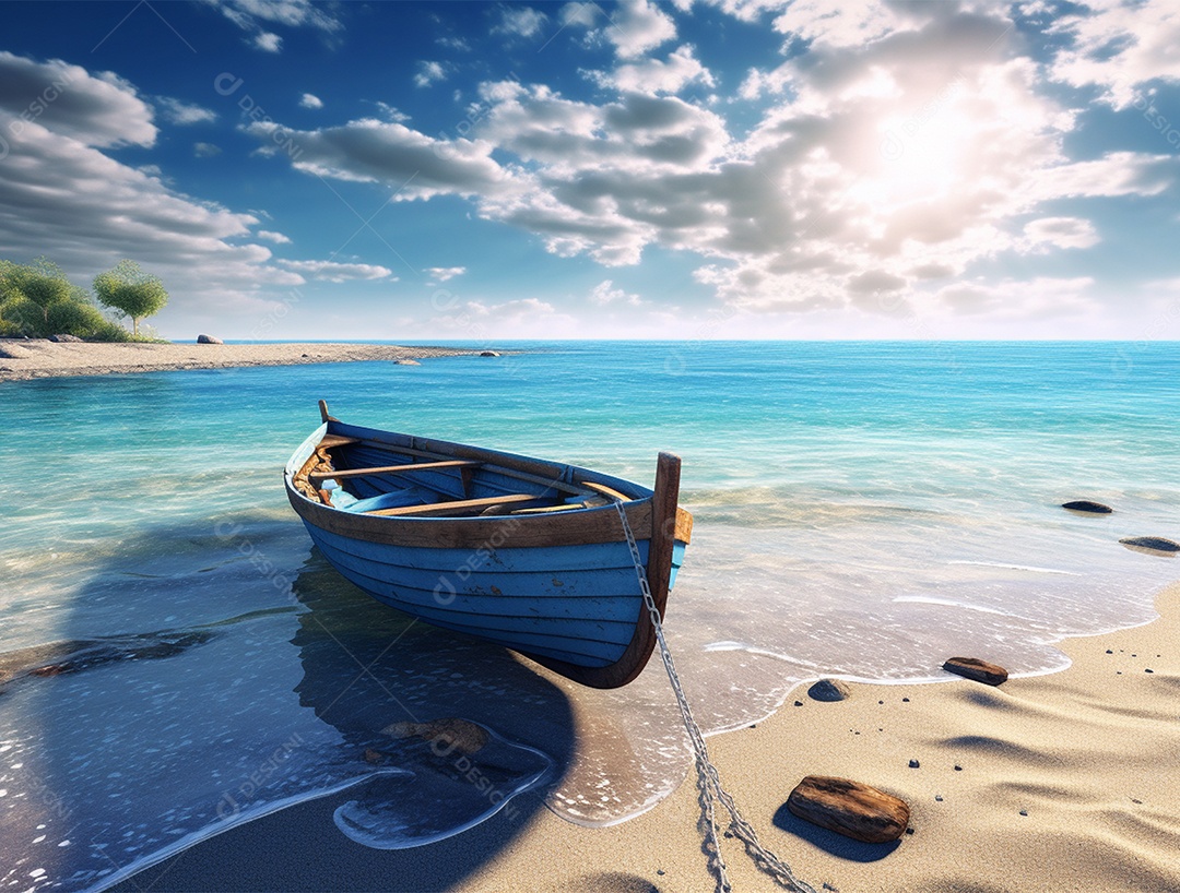 Barco de madeira em uma linda praia.