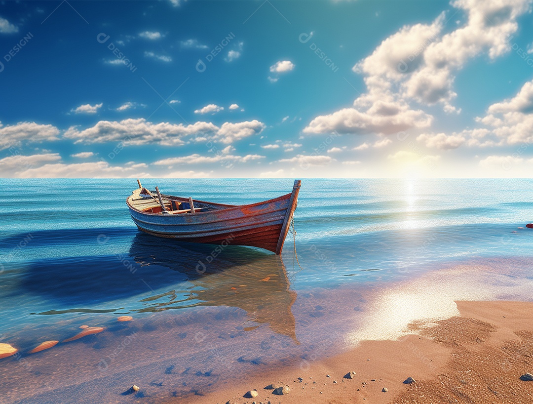 Barco de madeira em uma linda praia.