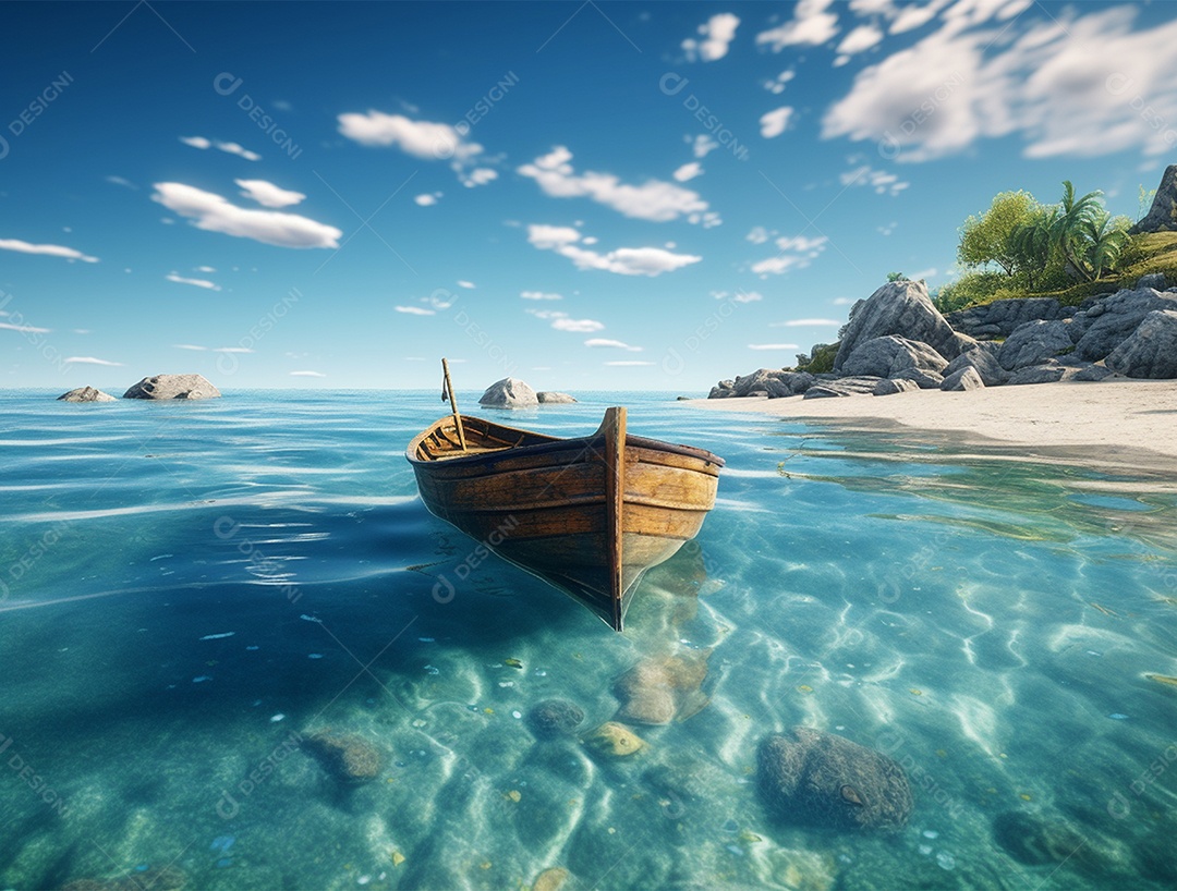 Barco de madeira em uma linda praia.
