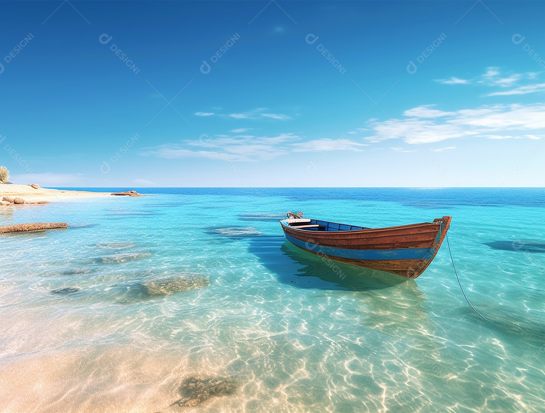 Barco de madeira em uma linda praia.