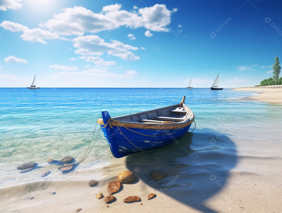 Barco de madeira em uma linda praia.