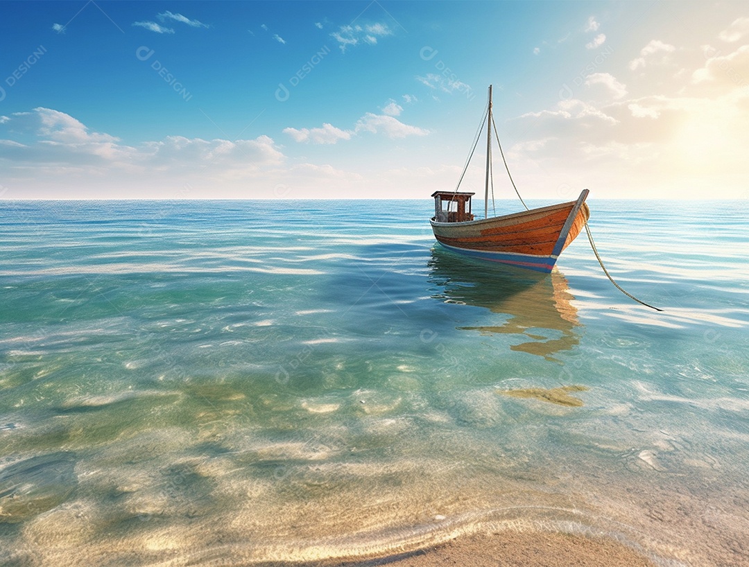 Barco de madeira em uma linda praia.