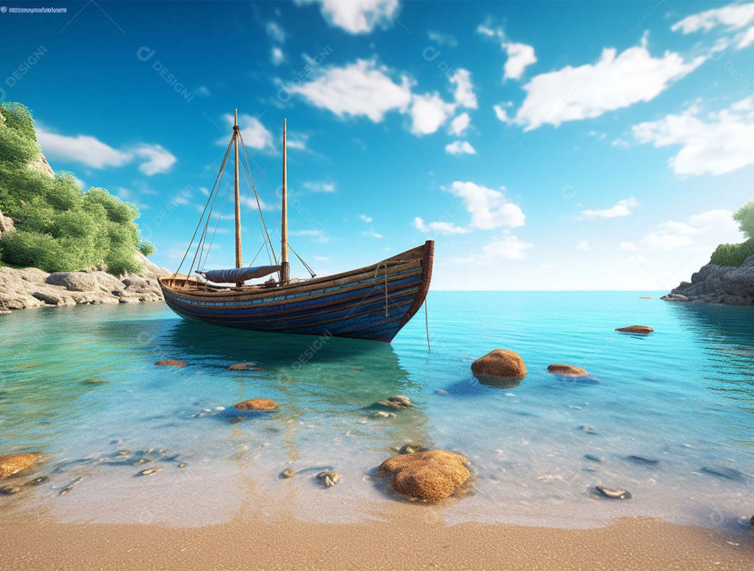 Barco de madeira em uma linda praia.