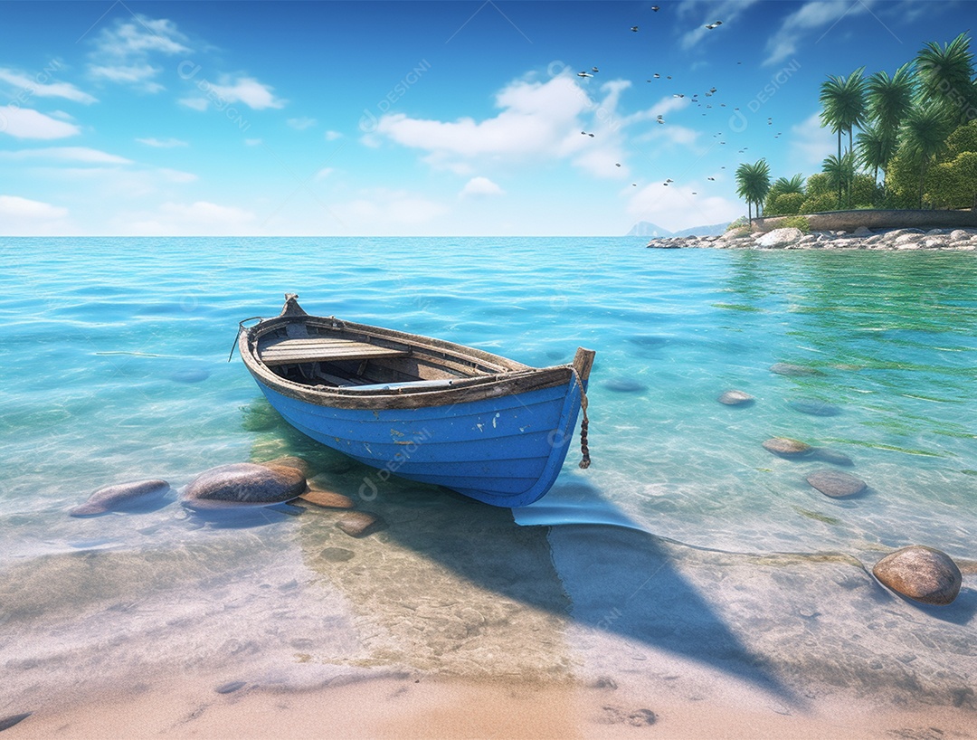 Barco de madeira em uma linda praia.