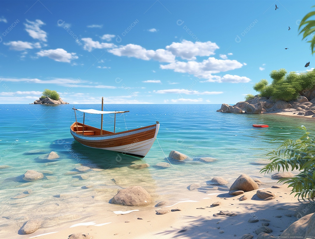 Barco de madeira em uma linda praia.