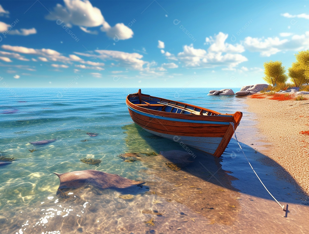 Barco de madeira em uma linda praia.