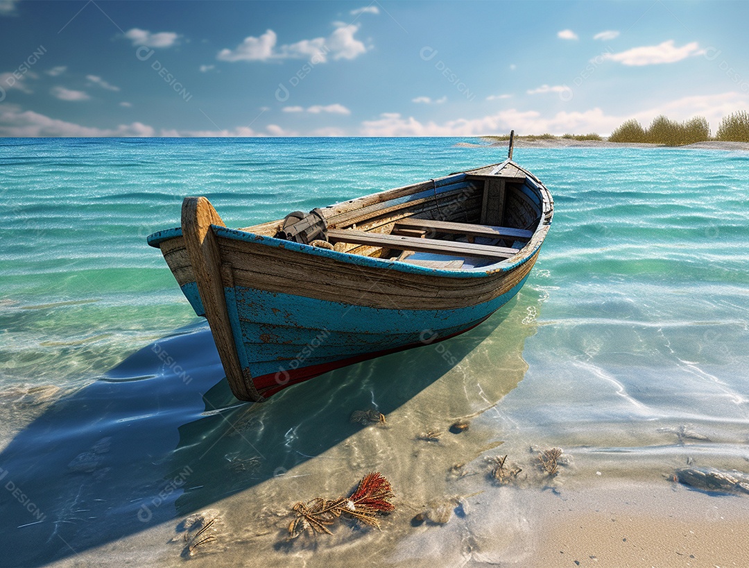 Barco de madeira em uma linda praia.