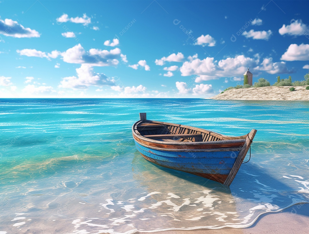 Barco de madeira em uma linda praia.