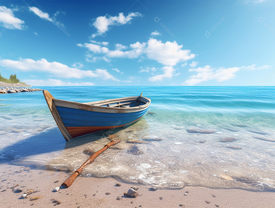 Barco de madeira em uma linda praia.