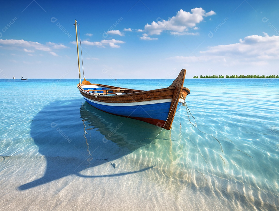 Barco de madeira em uma linda praia.