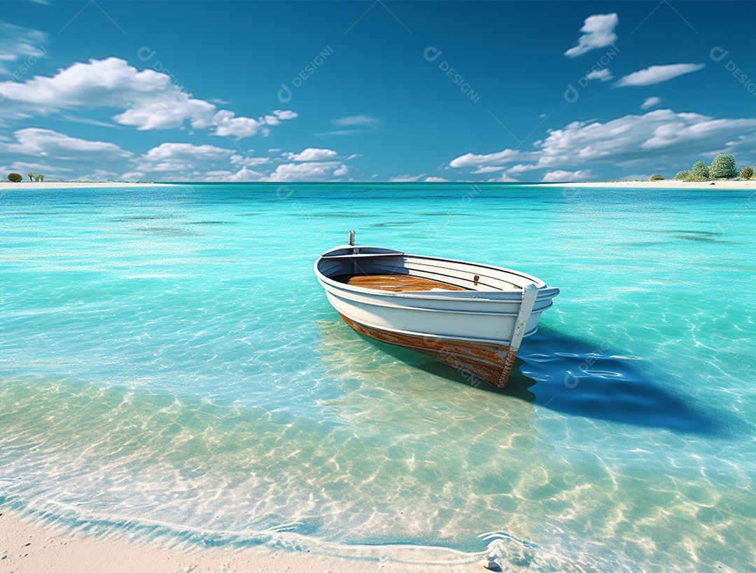 Barco de madeira em uma linda praia.