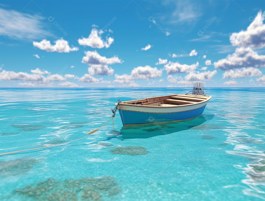 Pequeno barco de madeira nas águas cristalina.