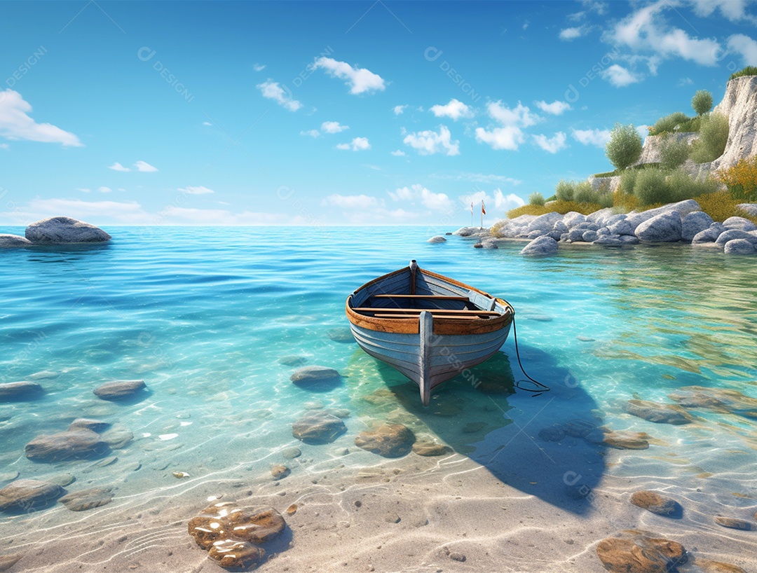 Barco de madeira em uma linda praia.