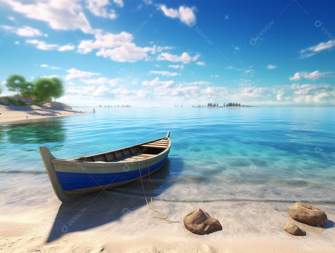 Barco de madeira em uma linda praia.