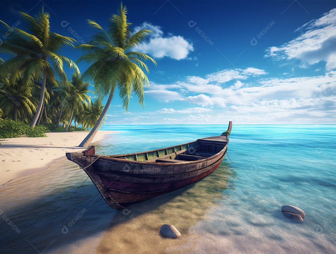 Barco de madeira em uma linda praia.