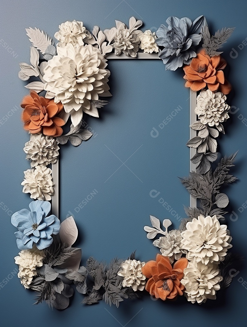 Moldura decorada com flores sobre fundo azul.