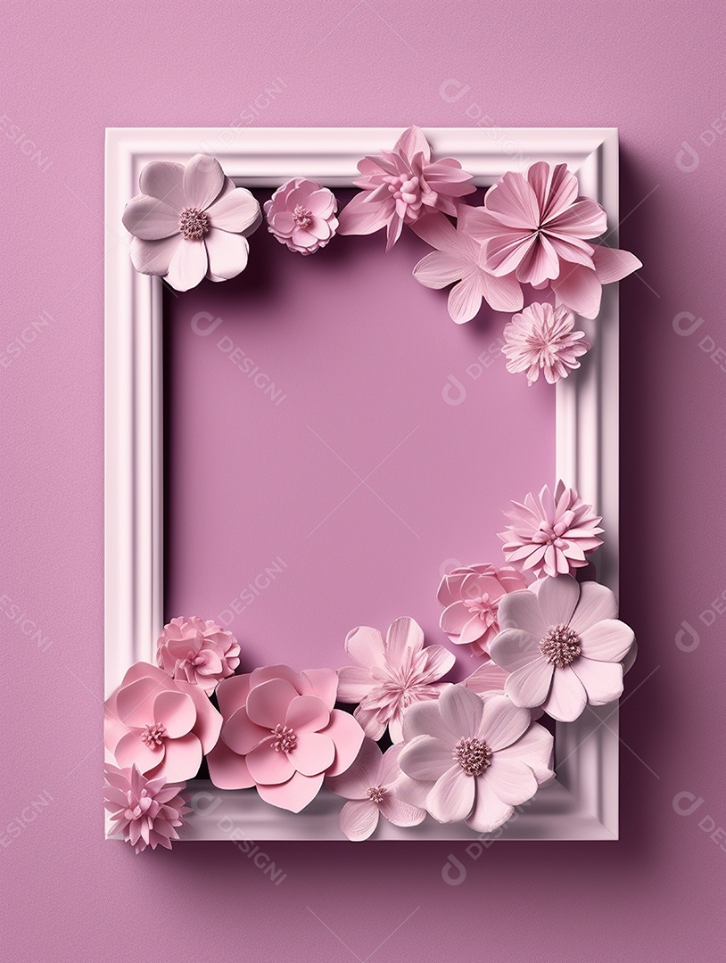 Moldura branca com flores sobre fundo rosa.