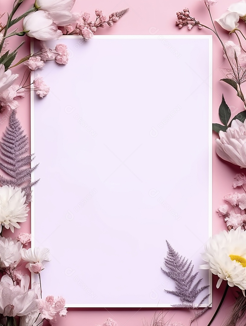 Papel em branco sobre fundo rosa com flores.