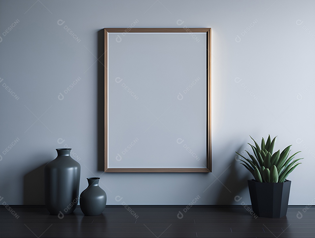 Quadro branco ao lado de vasos de plantas sobre fundo branco.