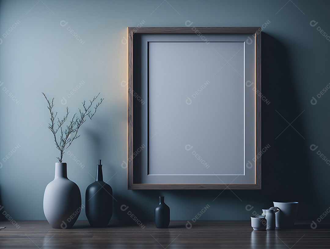 Quadro branco ao lado de vasos de plantas sobre fundo cinza.