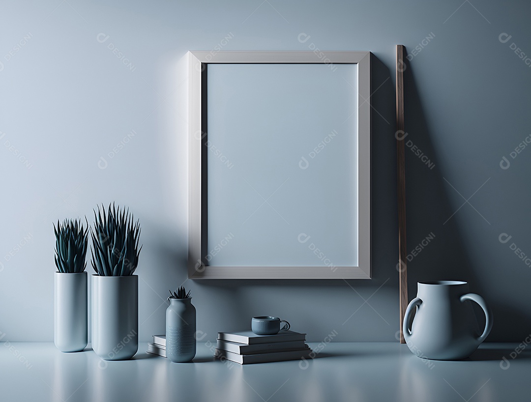 Quadro branco ao lado de vasos de plantas sobre fundo cinza.