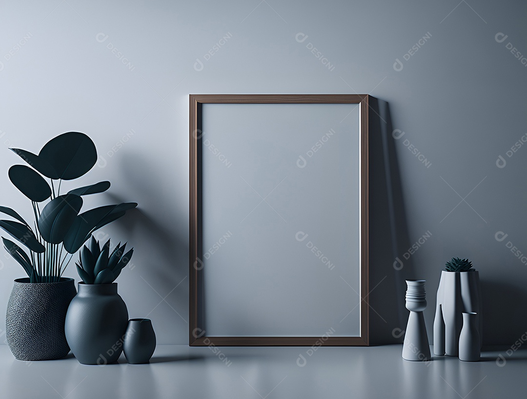 Quadro branco ao lado de vasos de plantas sobre fundo cinza.