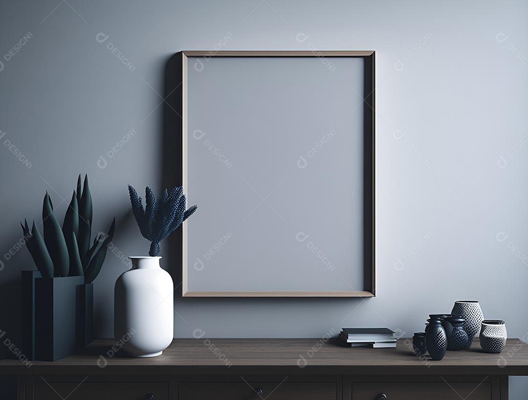 Vasos de plantas sobre mesa de madeira, quadro branco fixado na parede.