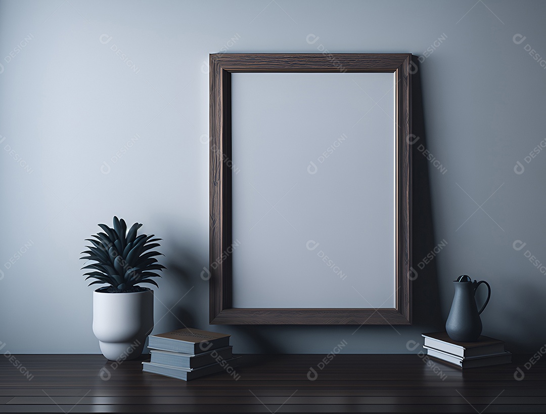 Quadro branco ao lado de vasos de plantas sobre mesa de madeira.