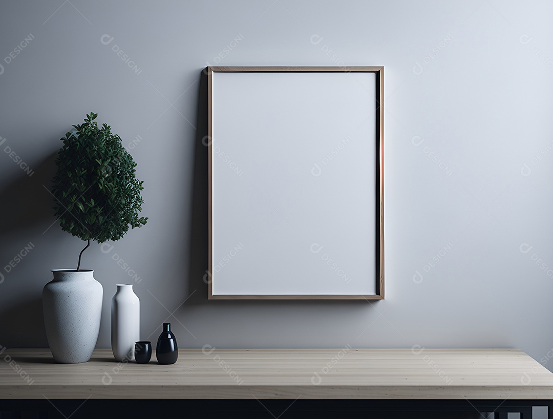 Quadro branco ao lado de vasos de plantas sobre mesa de madeira.