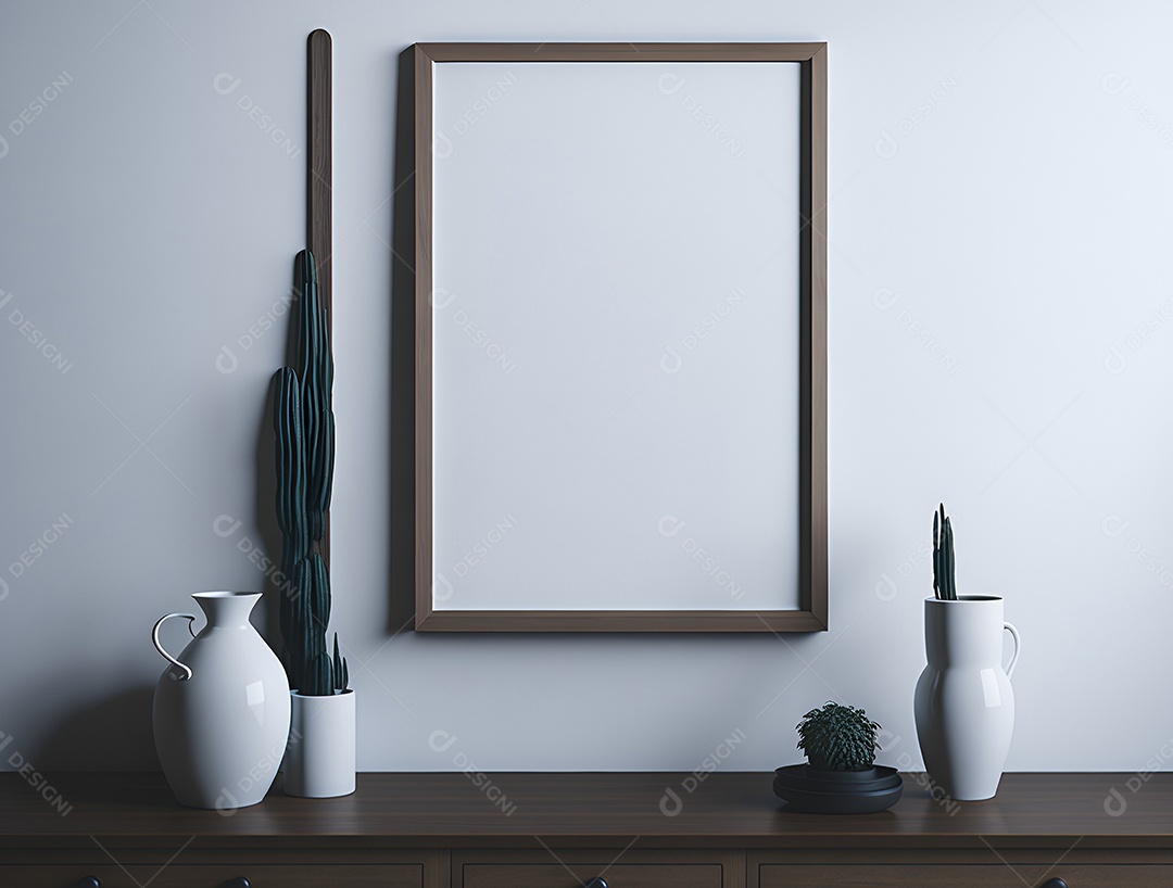 Quadro branco ao lado de vasos de plantas sobre mesa de madeira.