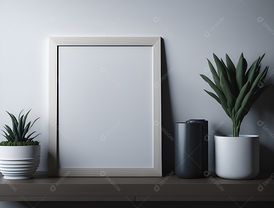 Vasos de plantas e quadro branco sobre mesa de madeira.