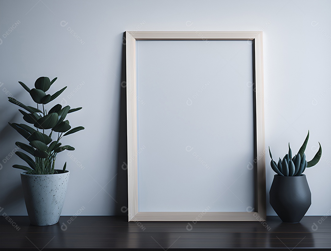 Vasos de plantas e quadro branco sobre mesa de madeira.