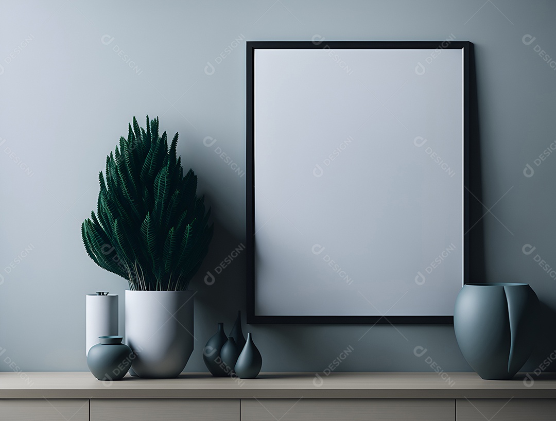 Quadro branco ao lado de vasos de plantas sobre mesa de madeira.