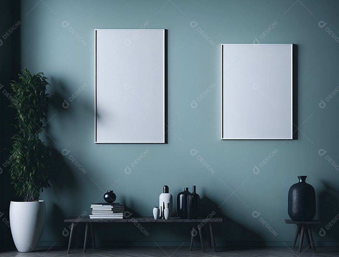 Sala de estar decorada com quadro branco e vasos de plantas.