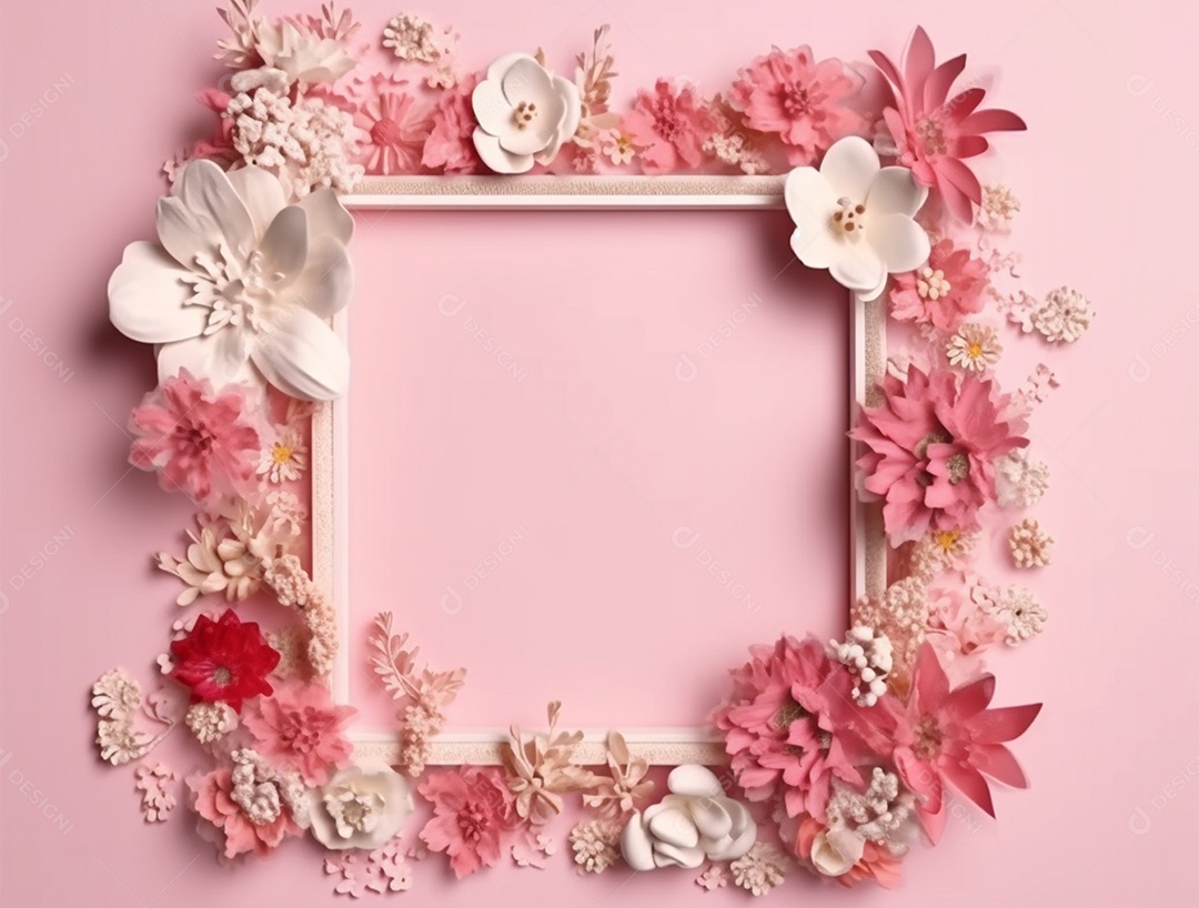Moldura com flores sobre fundo isolado rosa