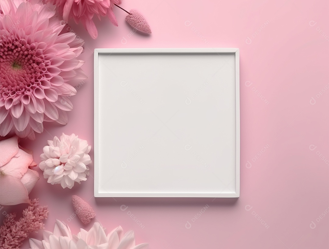 Quadro branco decorado com flores sobre fundo rosa.