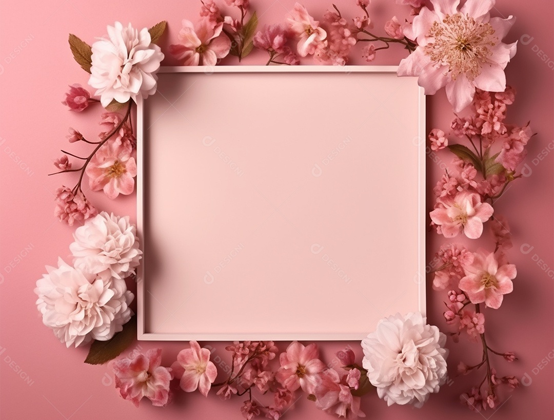 Quadro decorado com flores sobre fundo rosa.